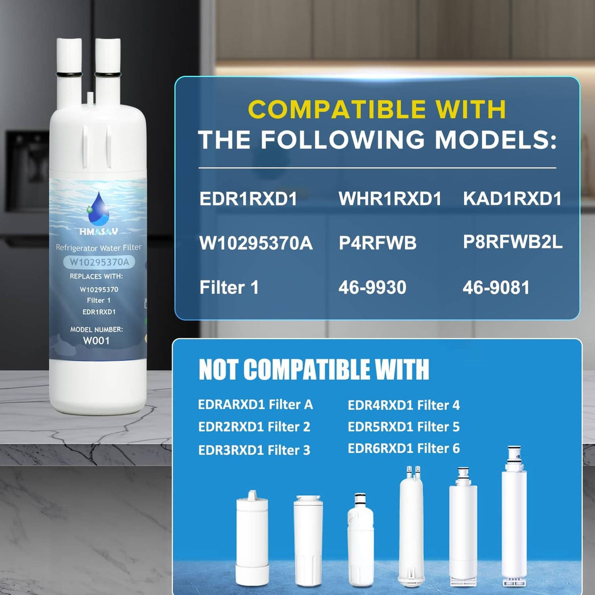 White refrigerator water filter cartridge with compatibility chart graphic
