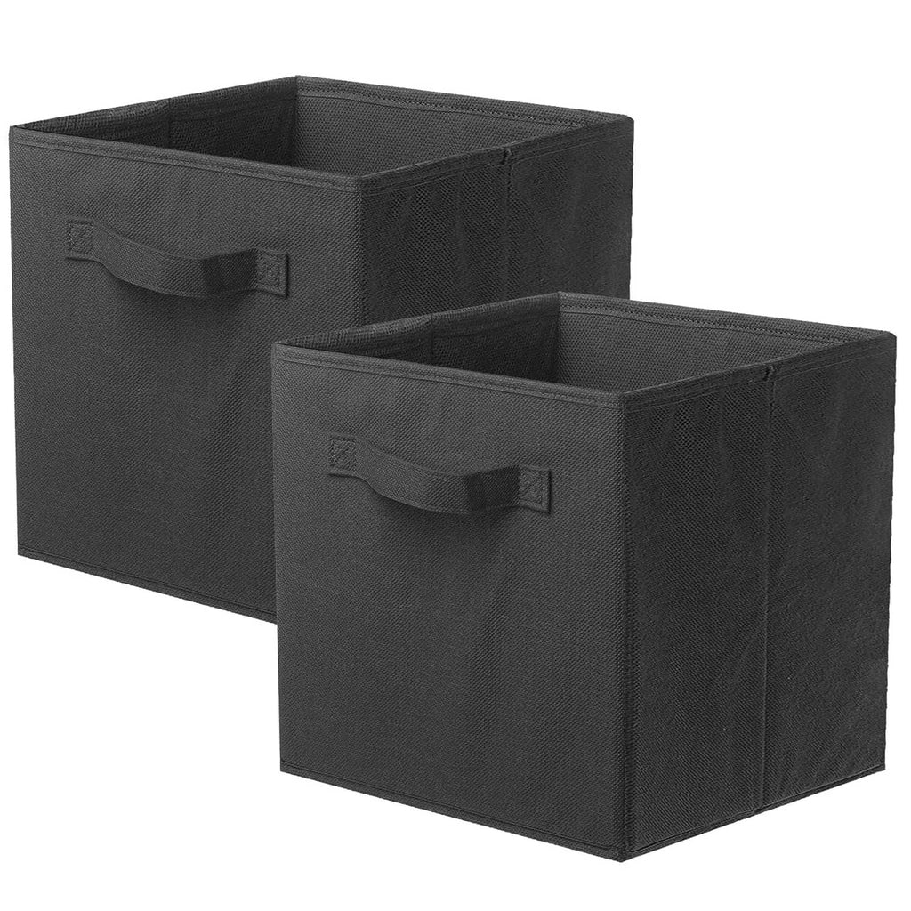 Black foldable fabric storage cube with front pull handle