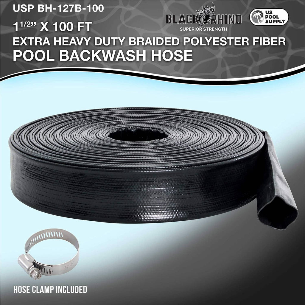Black braided pool backwash hose roll with hose clamp included