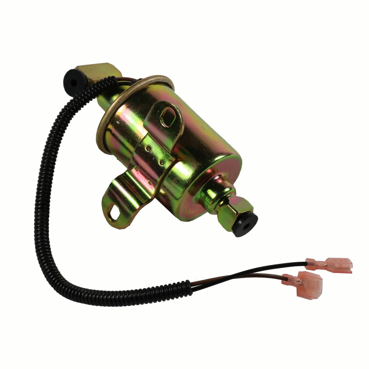 Electric fuel pump with mounting tabs and black cable, rainbow finish metal cylinder