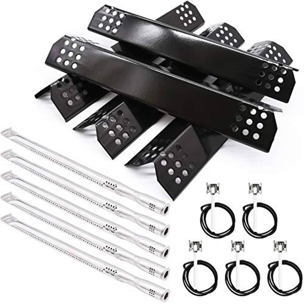 Gas grill replacement burner tube set with black perforated plates and ring clamps