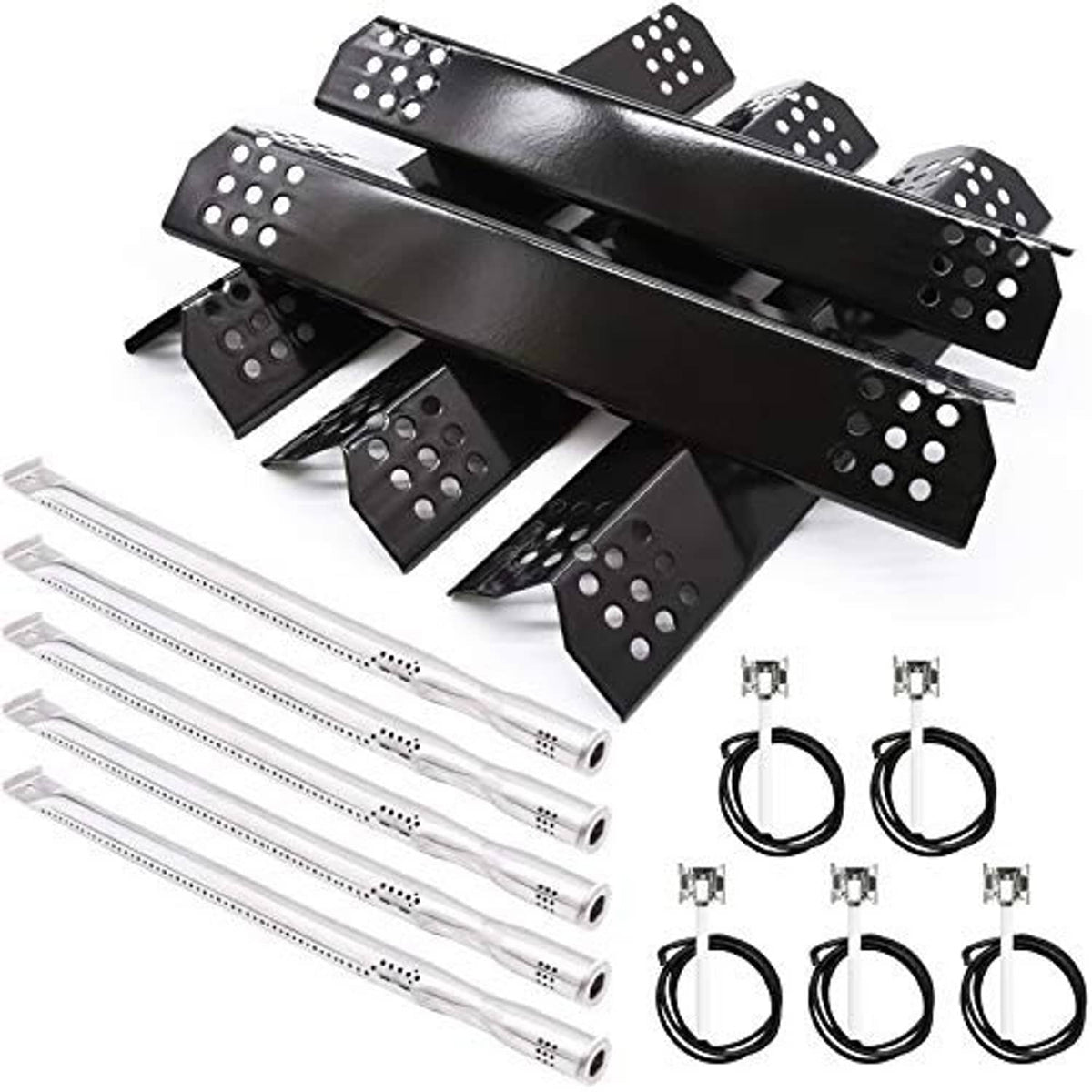 Gas grill replacement burner tube set with black perforated plates and ring clamps