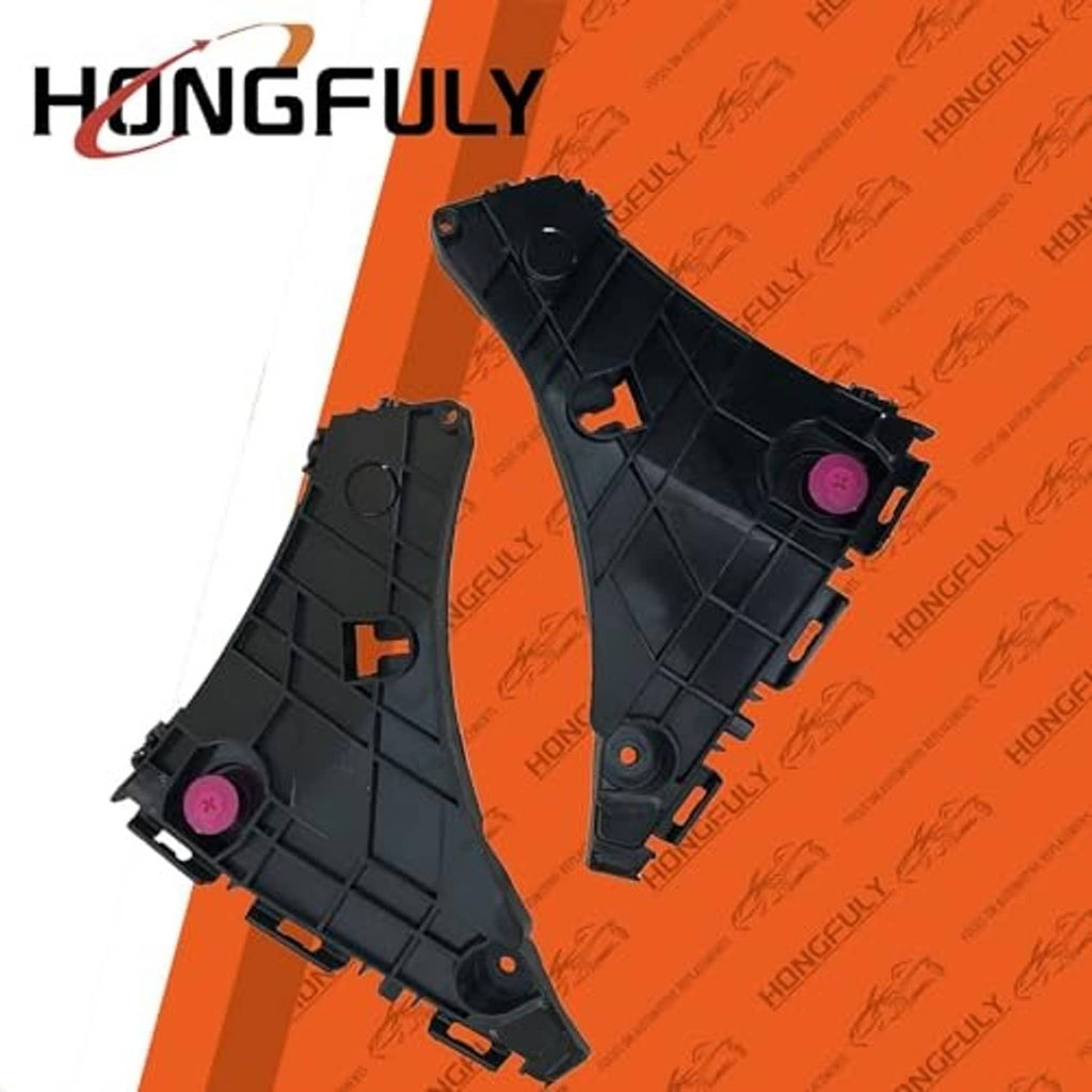 Black front bumper bracket mounting supports with circular openings and pink fasteners