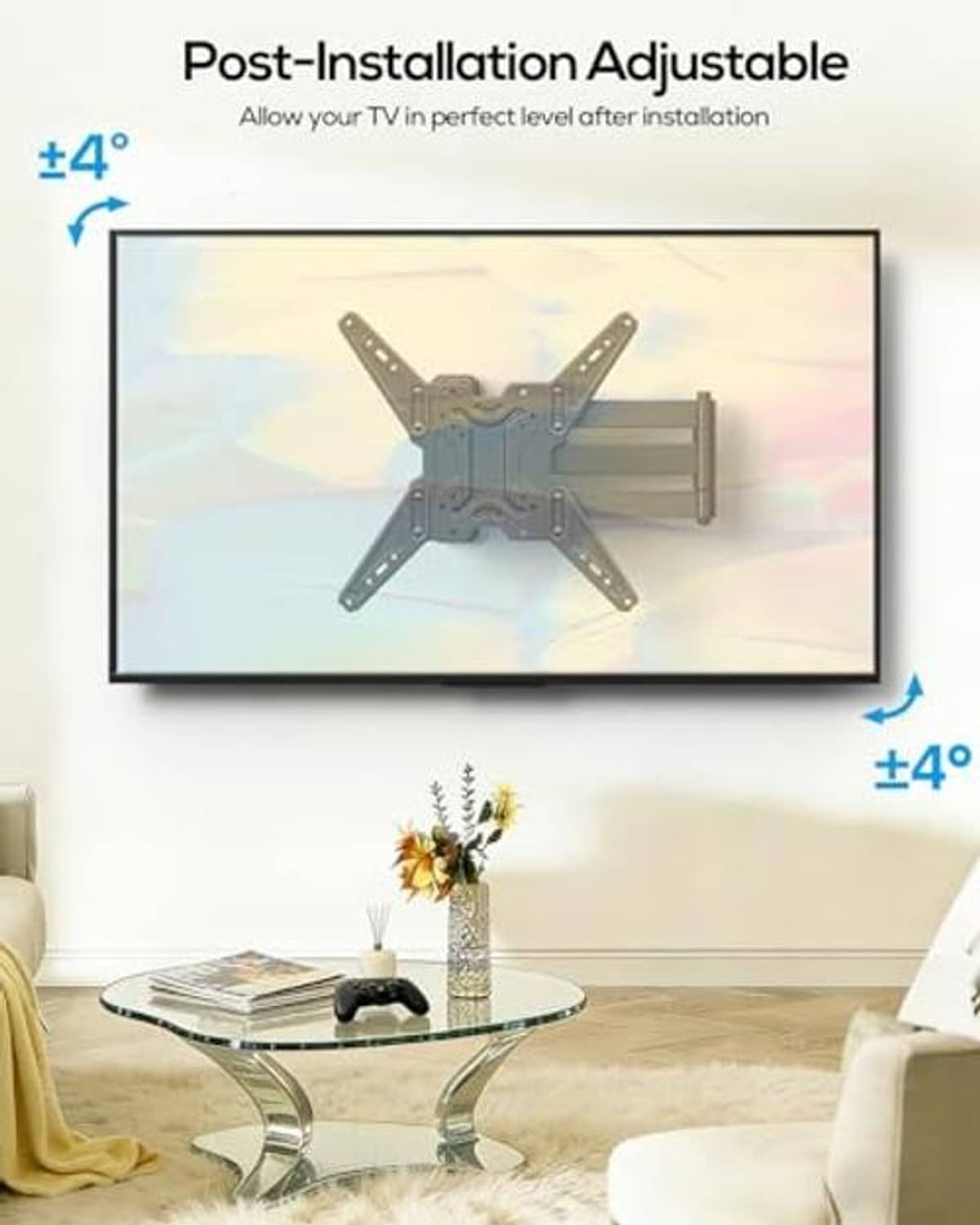 Corner TV wall mount bracket with post-install adjustable leveling