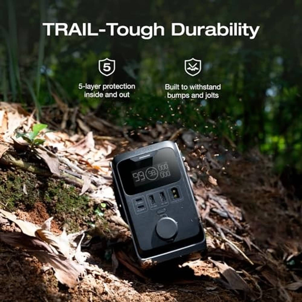 Durable portable power station on outdoor ground, digital display and rugged front, black