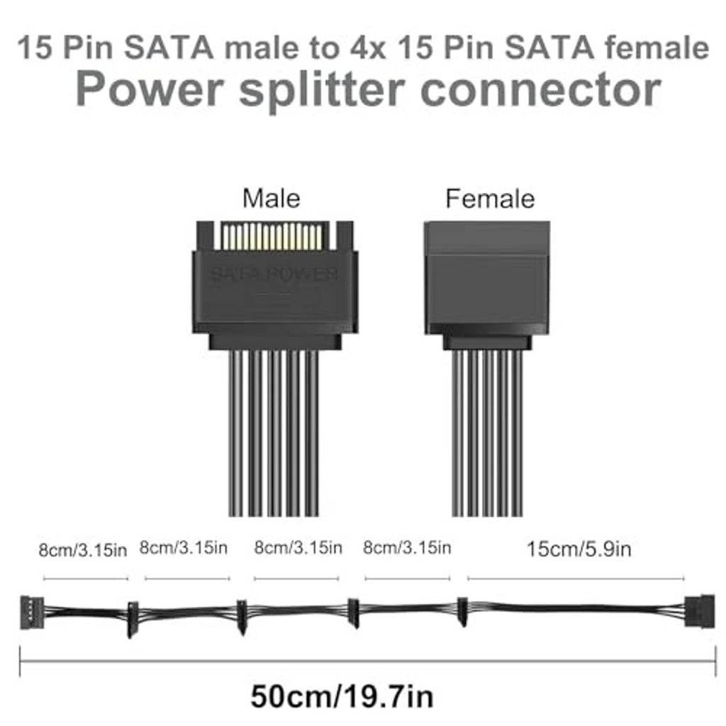 15-pin SATA male to 4/5-pin SATA female power splitter connector cable diagram