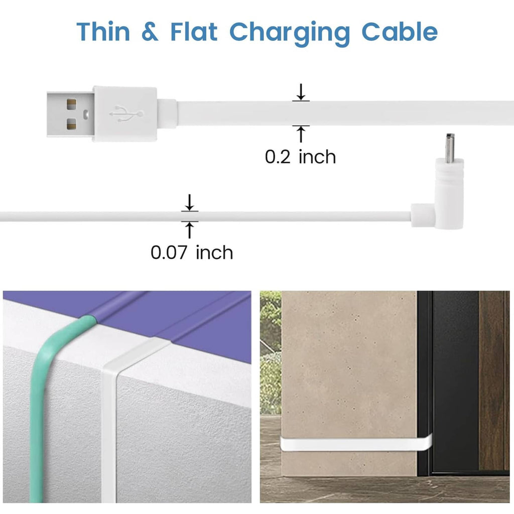 Thin flat white charging cable, about 0.2 in thick and 0.07 in wide