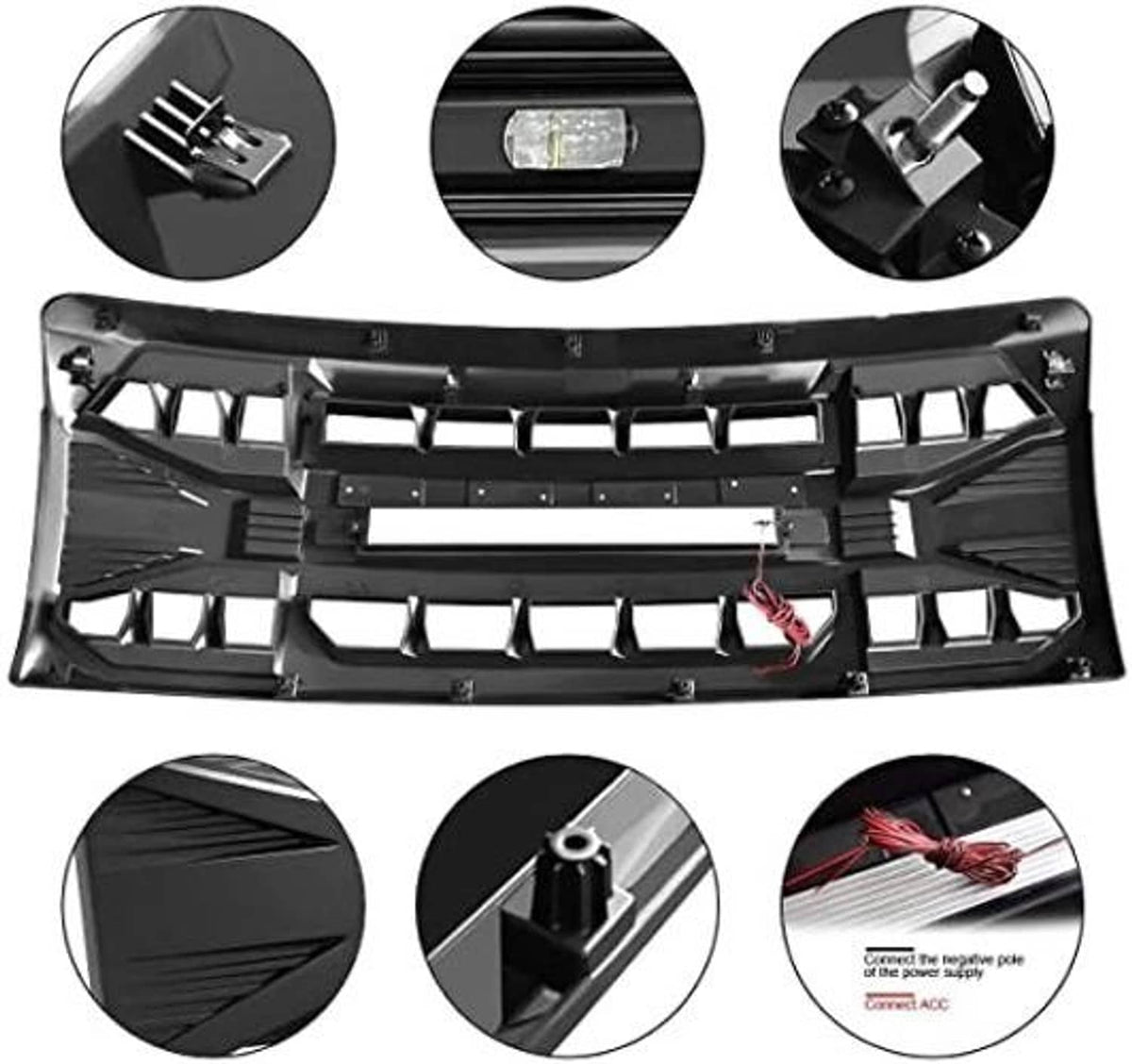 Matte black front grille kit showing mounting points and wiring connection