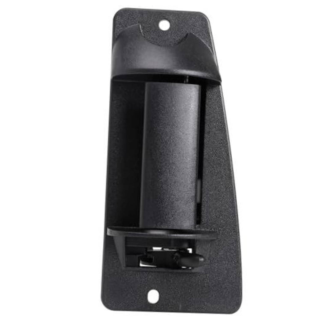 Textured black exterior door handle bezel with mounting holes and latch opening