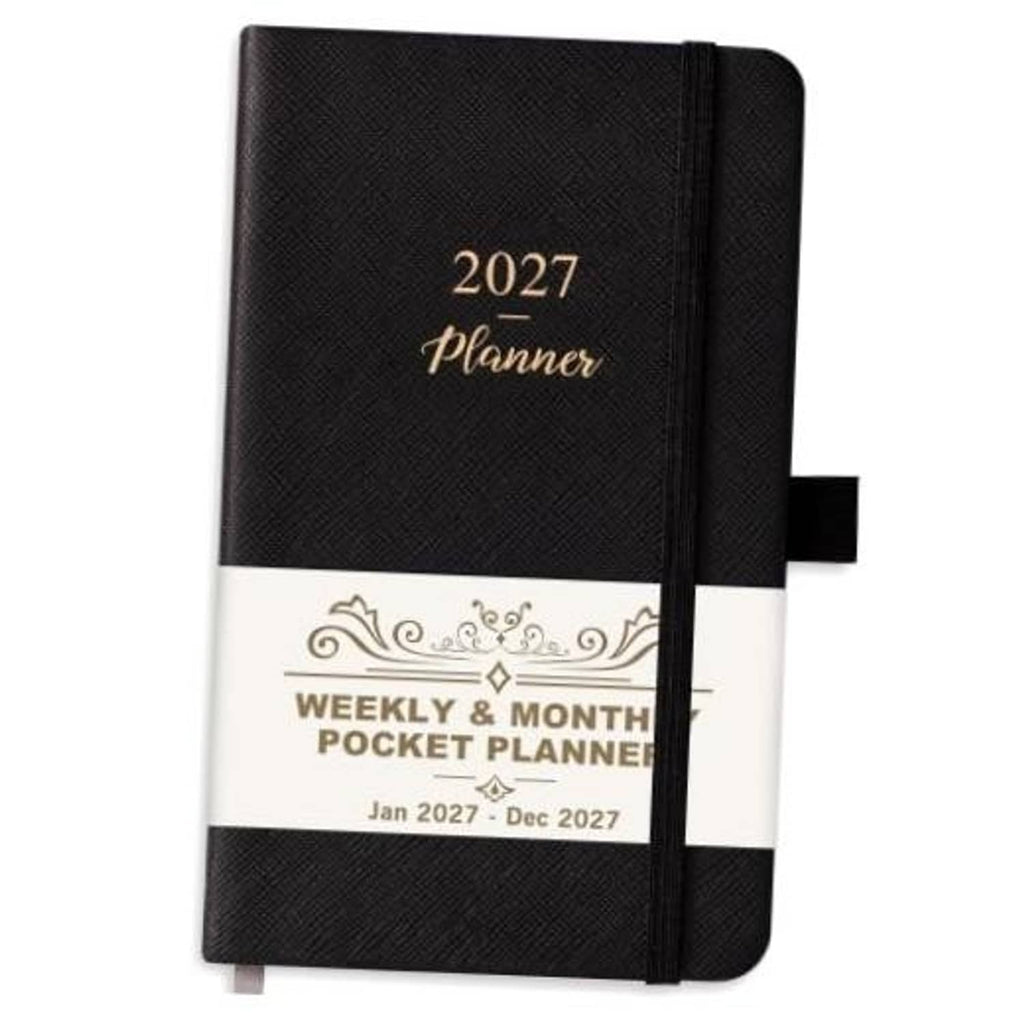 Black pocket planner with textured cover, gold “2027 Planner” title, weekly & monthly pocket calendar