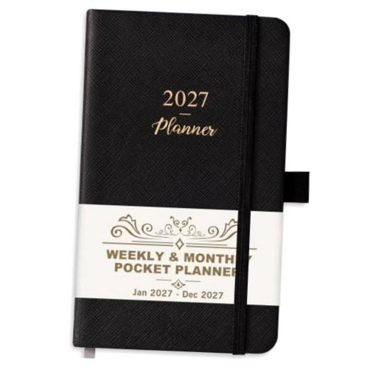 Black pocket planner with textured cover, gold “2027 Planner” title, weekly & monthly pocket calendar