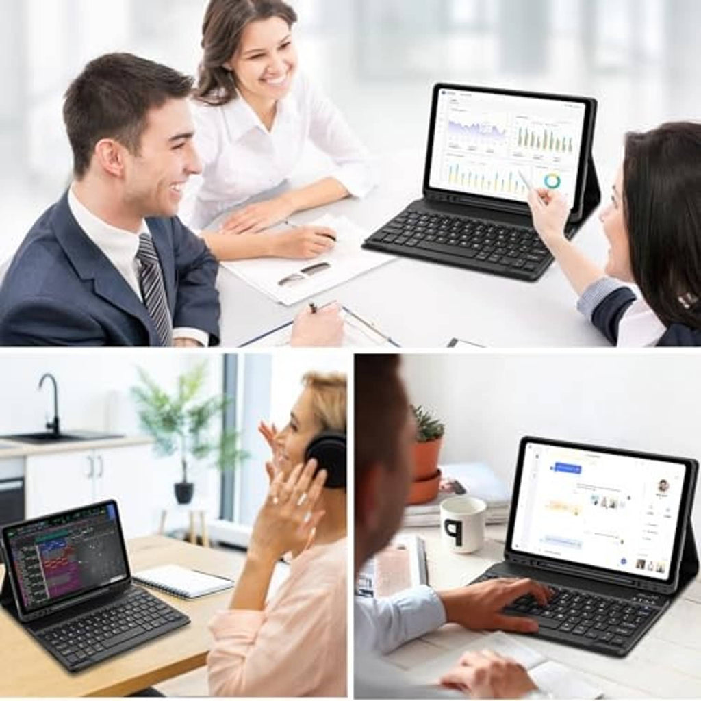 Black tablet keyboard case with stand for desk use