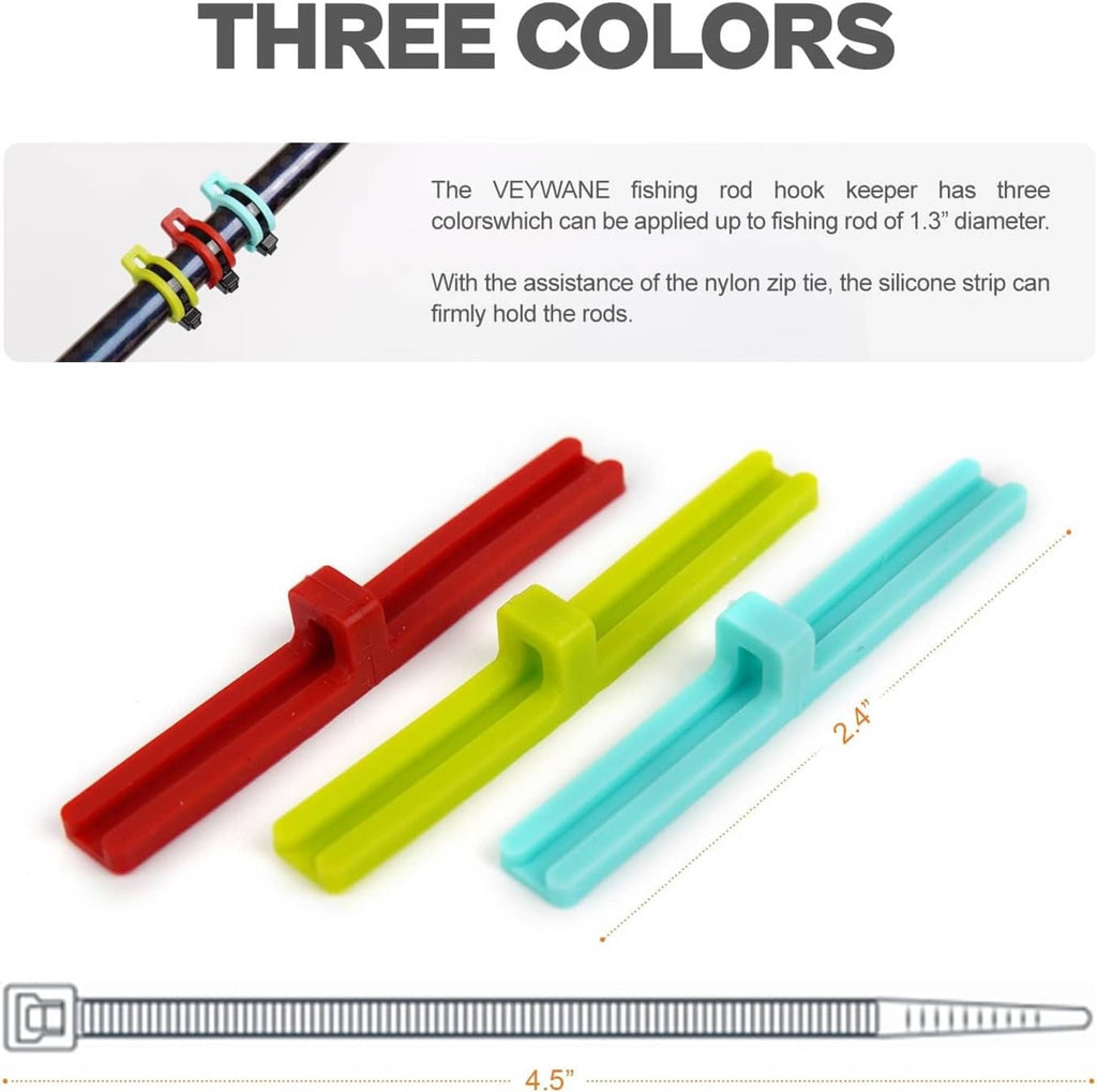 Three silicone fishing hook keeper bars: red, lime green, and light blue