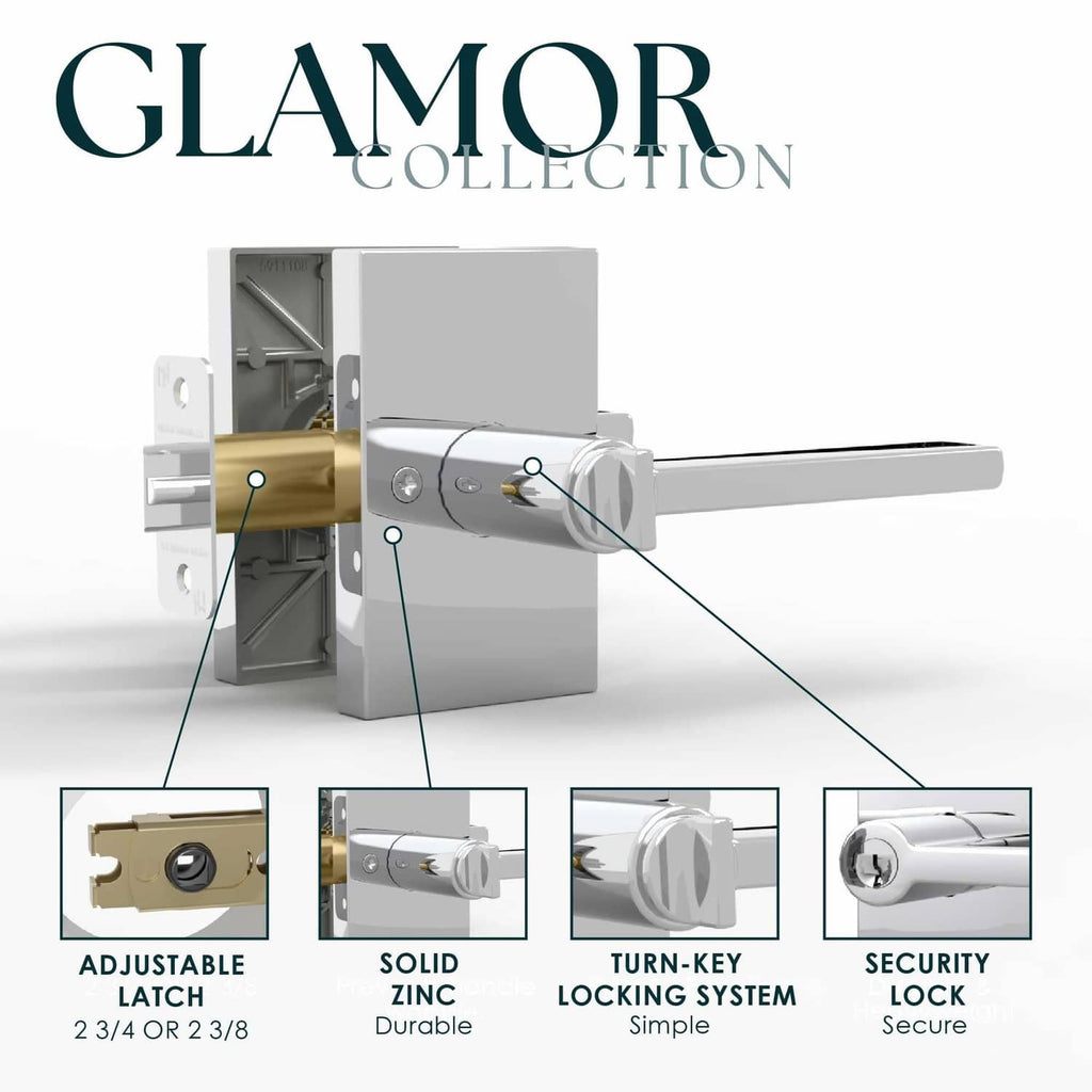 Glamor collection door lever lock handle with adjustable latch and security lock