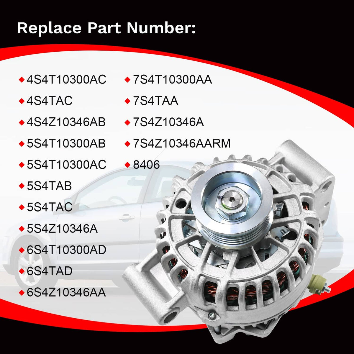 Alternator with front pulley and vented body, silver metal housing