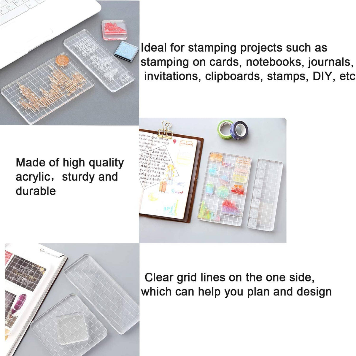 Clear grid-lined acrylic stamping blocks for DIY crafts, multiple pieces
