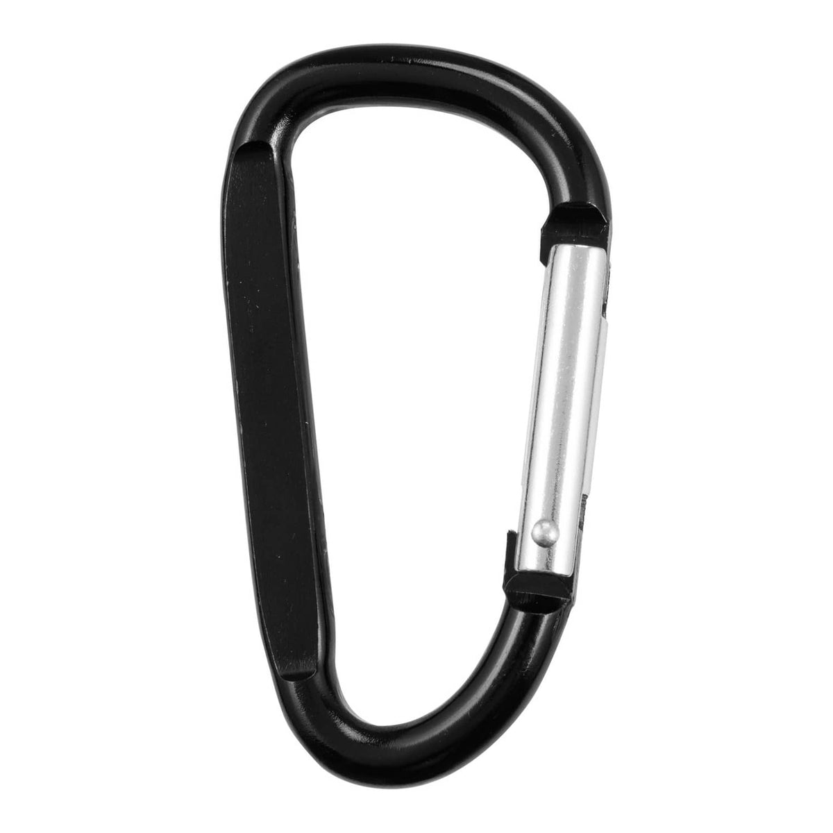 Black snap hook carabiner clip with spring latch, silver gate end