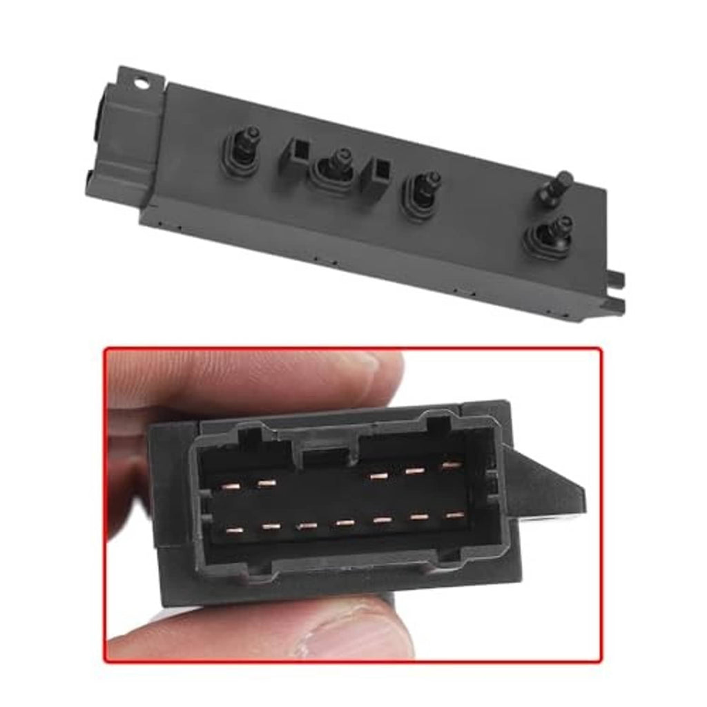Black power seat switch panel with five buttons; rear electrical connector shown