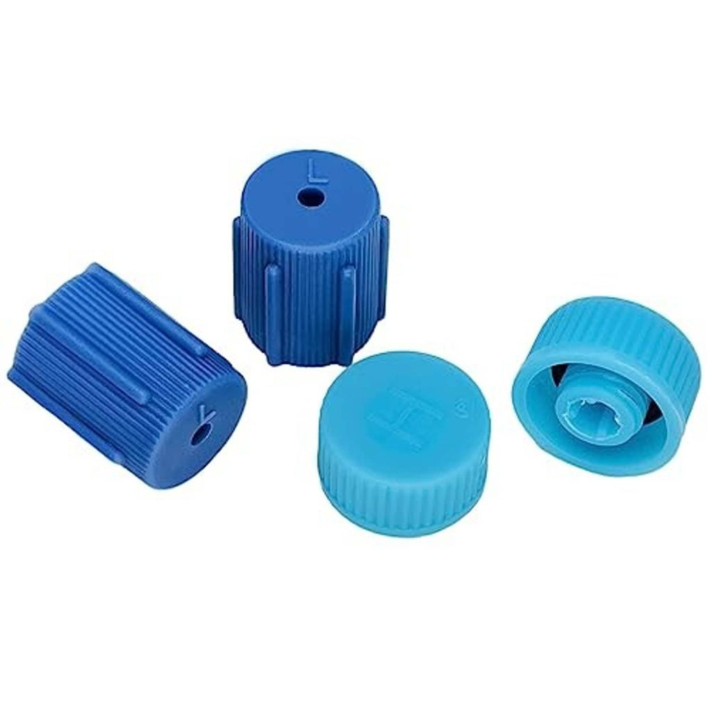 Blue AC valve core cap set with multiple valve cap styles and one detached insert