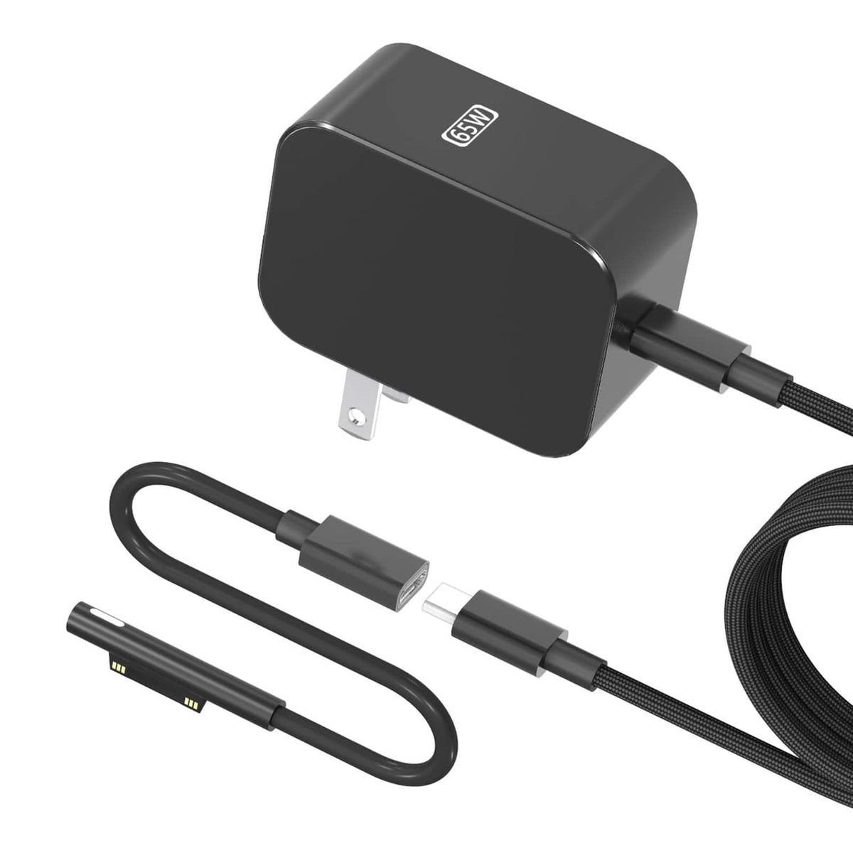 Black 65W Surface Pro charger with US plug and braided charging cable set