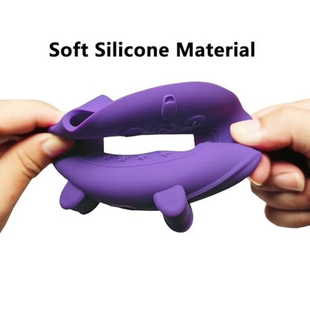 Purple silicone cover held in hands, flexible material with handle loop and side buttons