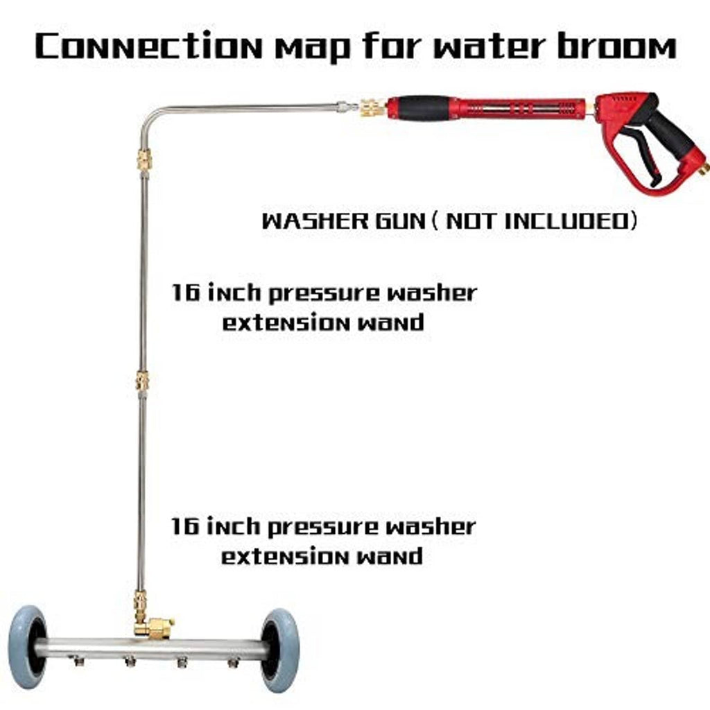 Pressure washer undercarriage cleaning wand with two light-blue wheels and brass fittings