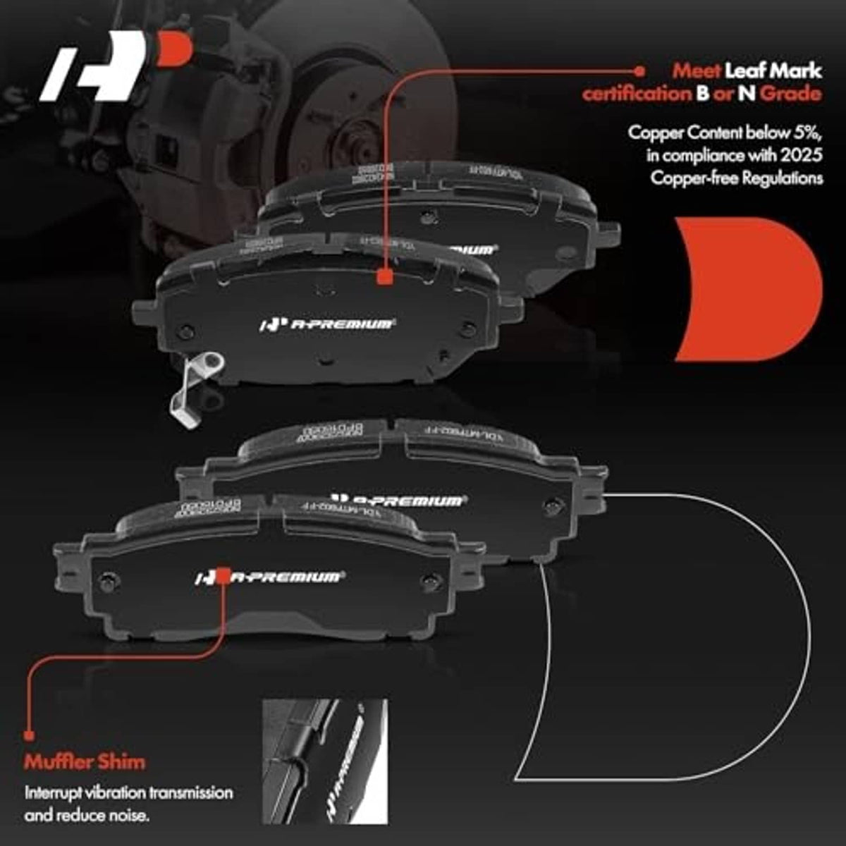 Ceramic brake pads shown in a cutaway view with beige friction surface