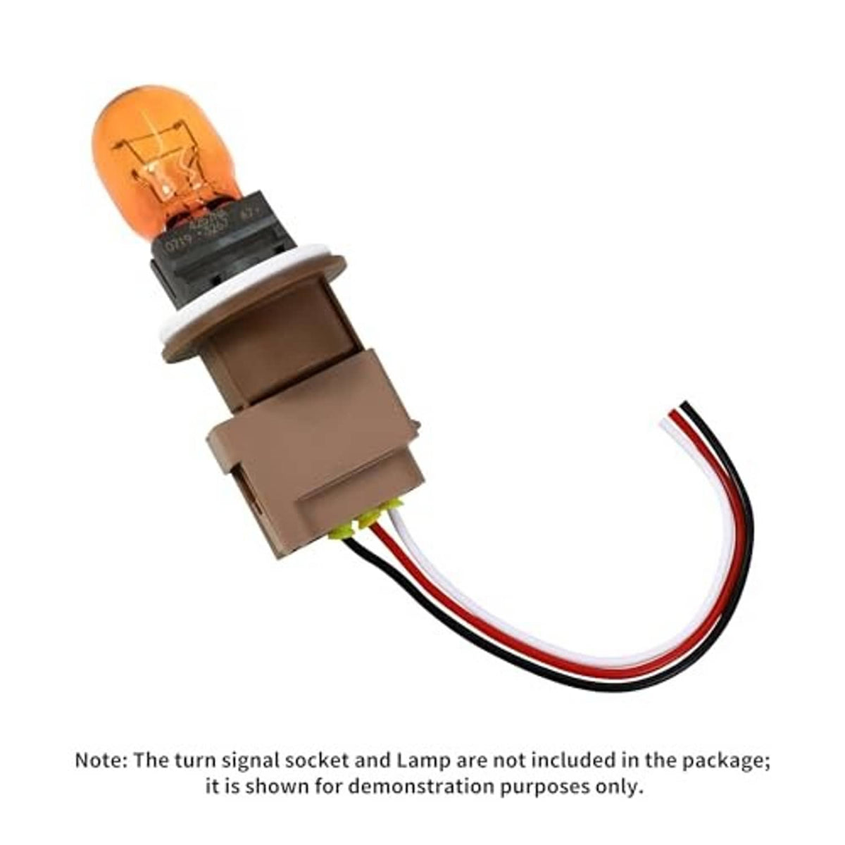 Turn-signal socket wiring harness with amber bulb, brown plug, red/black wires