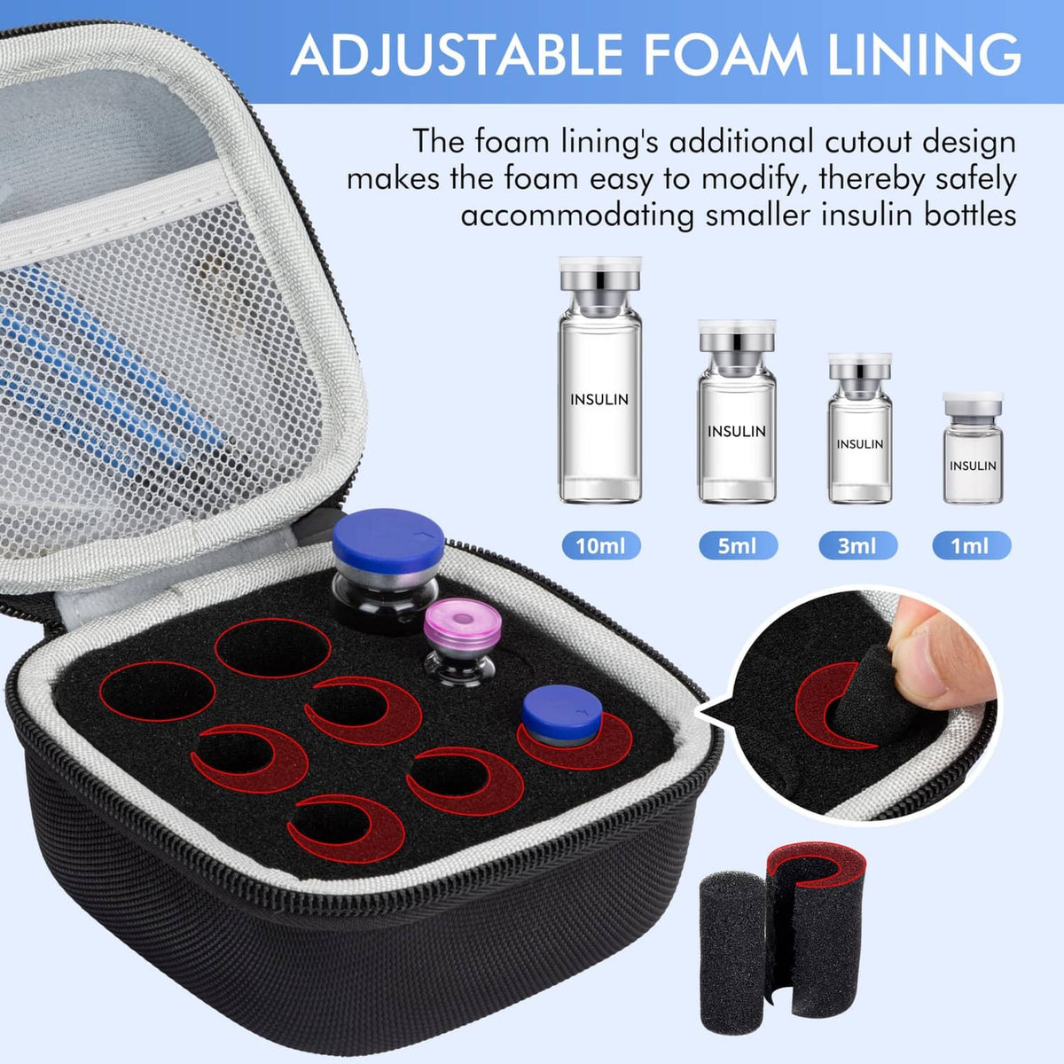 Black insulin vial case with adjustable foam lining and molded 9-slot cavities