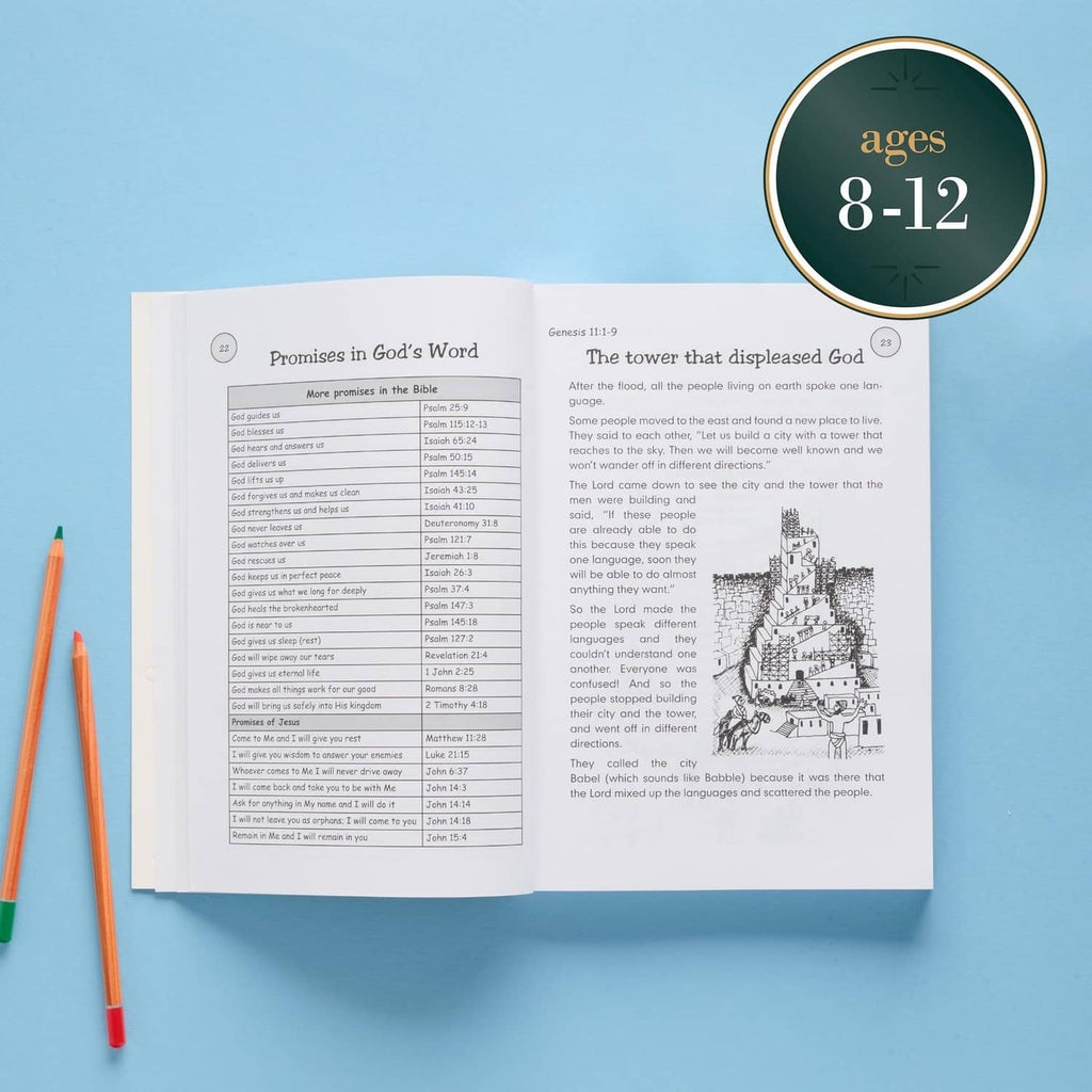 Kids Bible book open pages with circular badge labeled “ages 8-12”