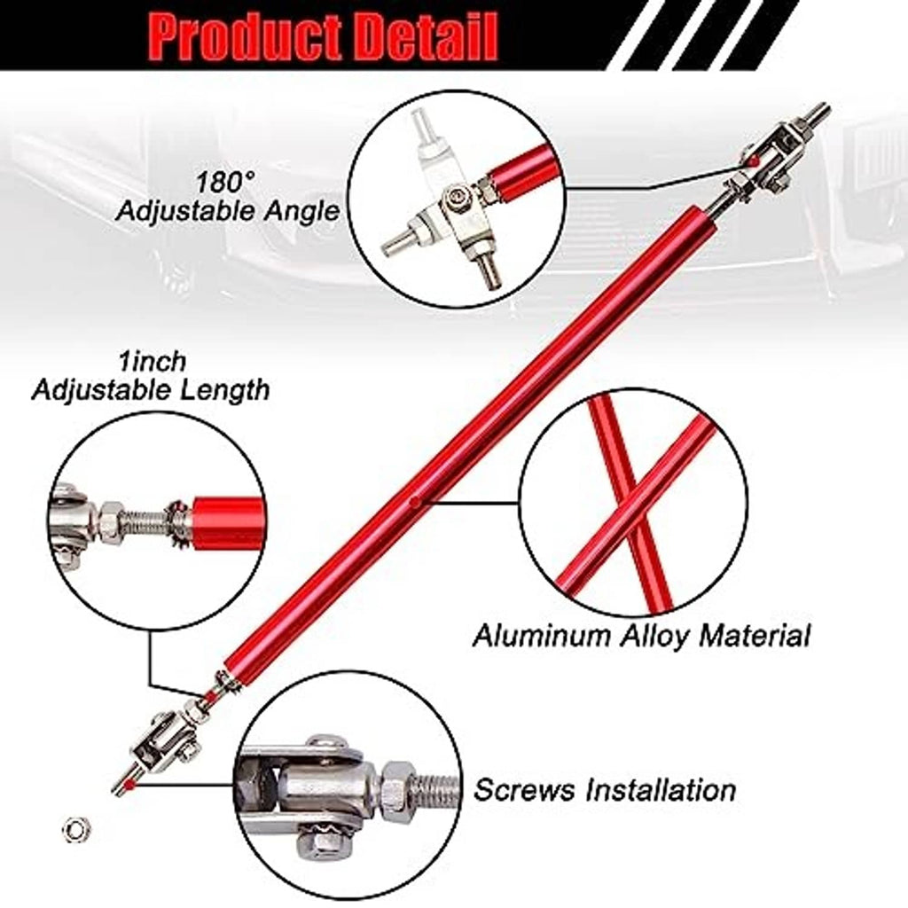 Red aluminum-look adjustable strut rods with angled brackets and installation screws