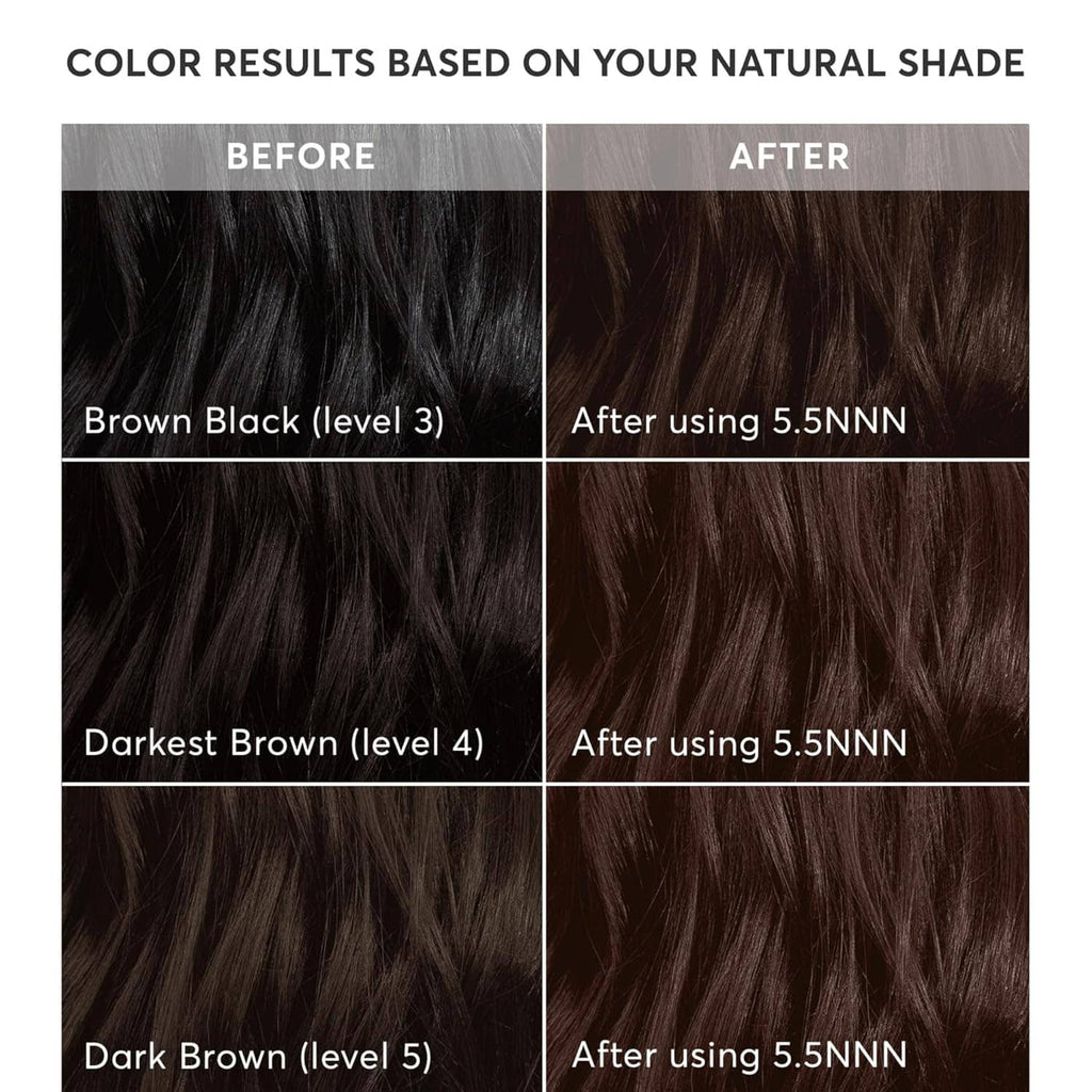 Hair color swatches showing before and after dark brown results using 5.5NNN.