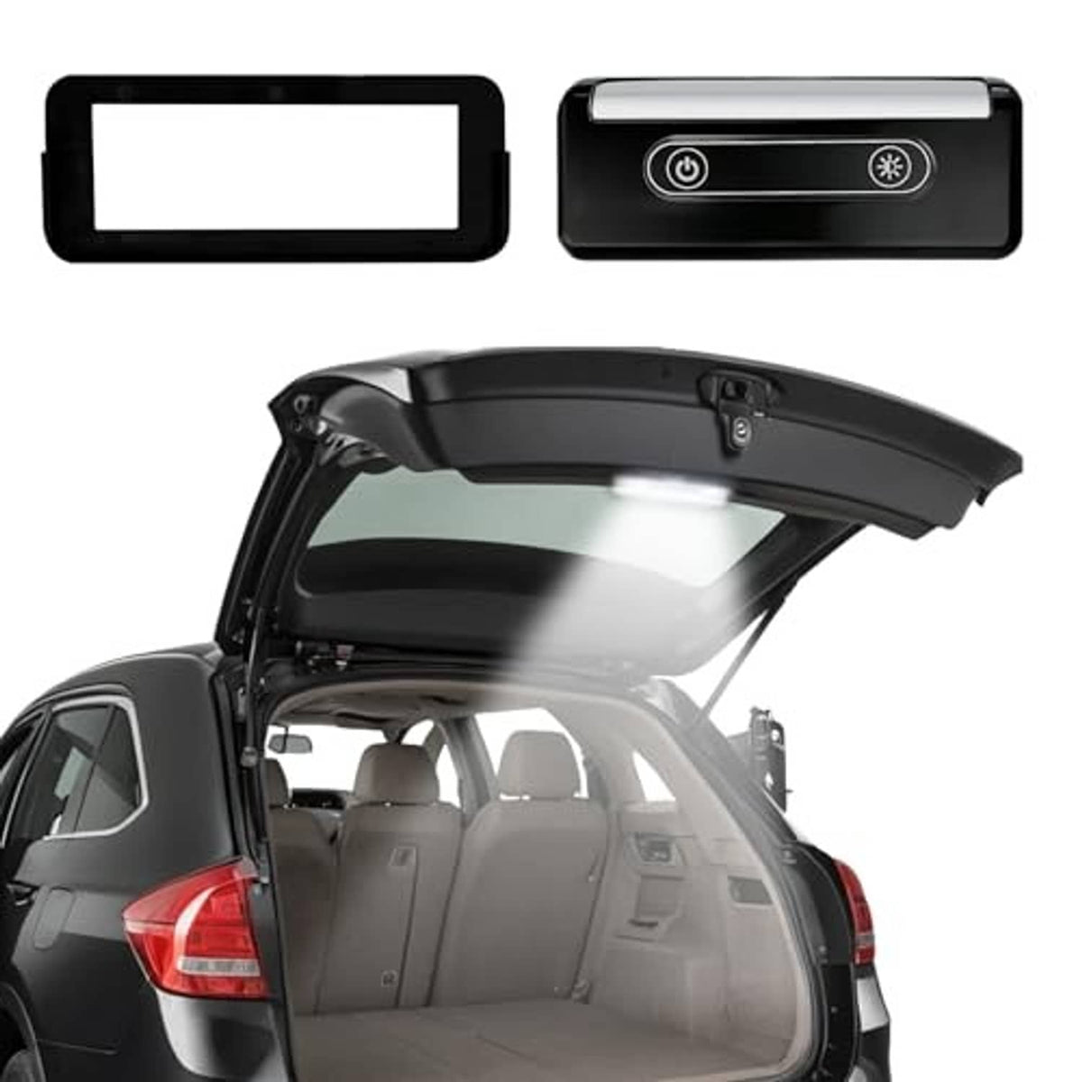 LED trunk light with control panel shown above open car cargo area