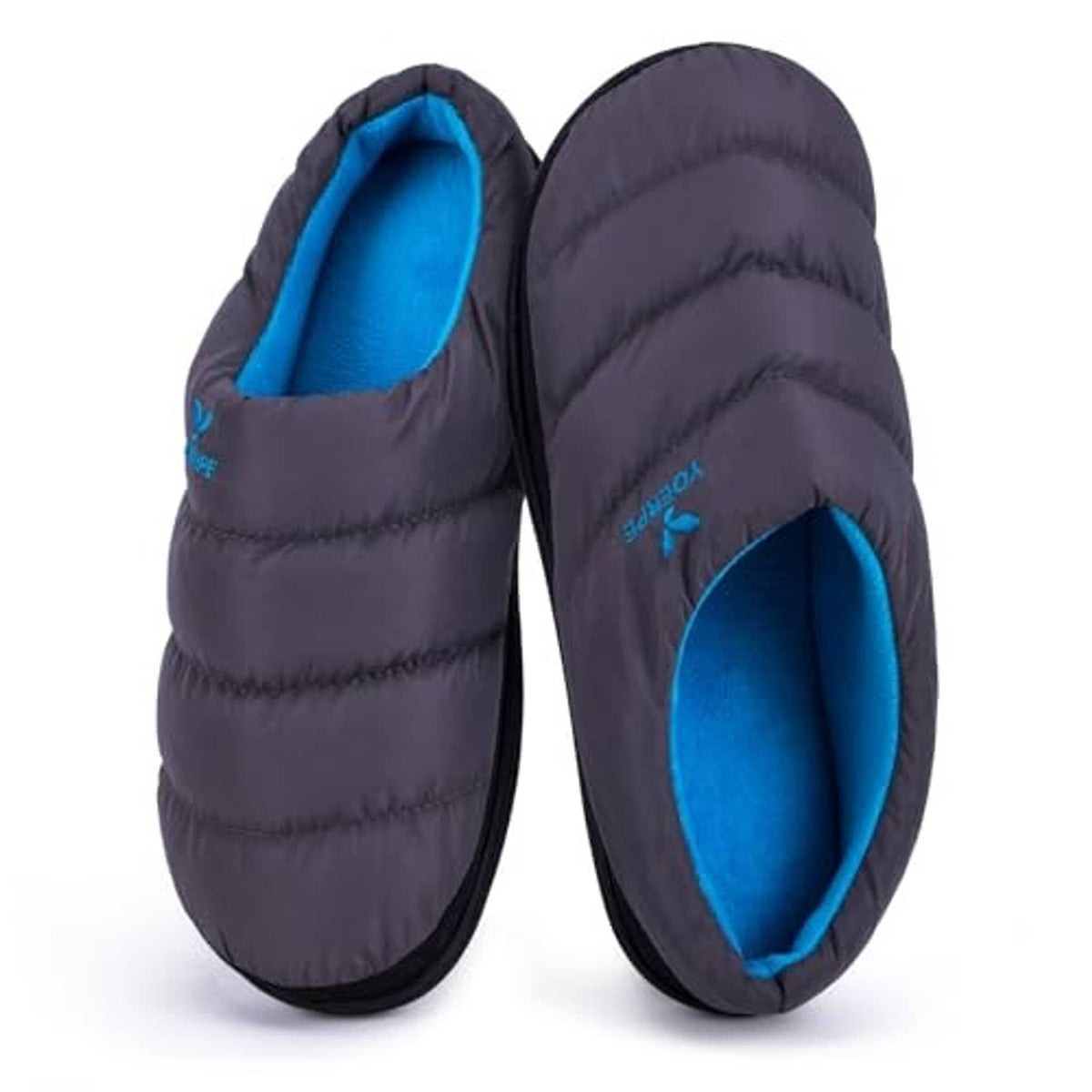 Two-tone slip-on slippers with blue interior lining and dark gray quilted sides