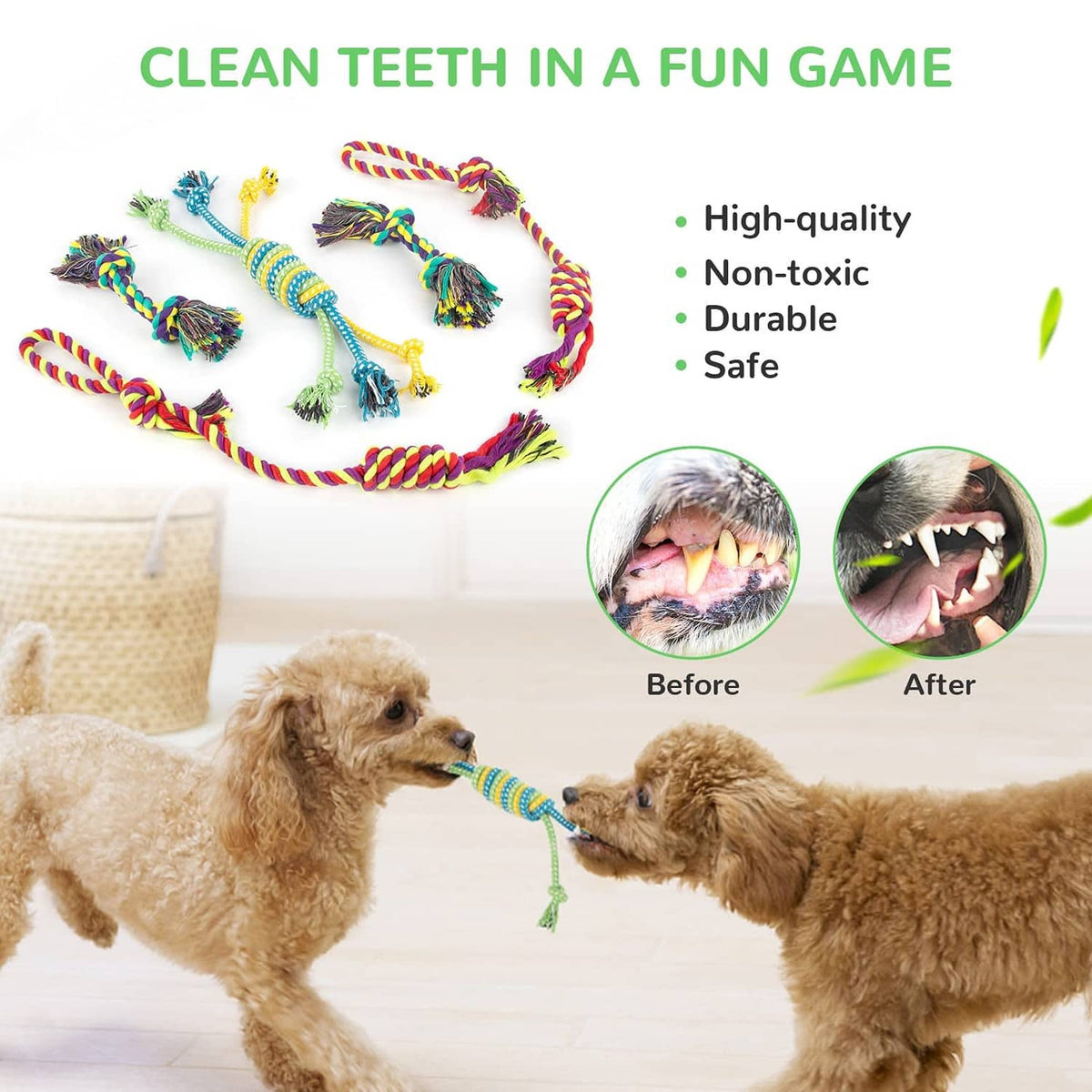 Colorful cotton rope tug toys and plush squeaky toys for chewing