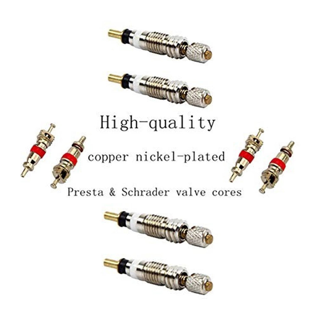 Assorted Presta and Schrader valve cores with red O-ring seals and gold stems
