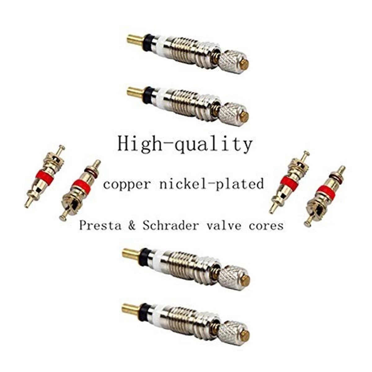 Assorted Presta and Schrader valve cores with red O-ring seals and gold stems