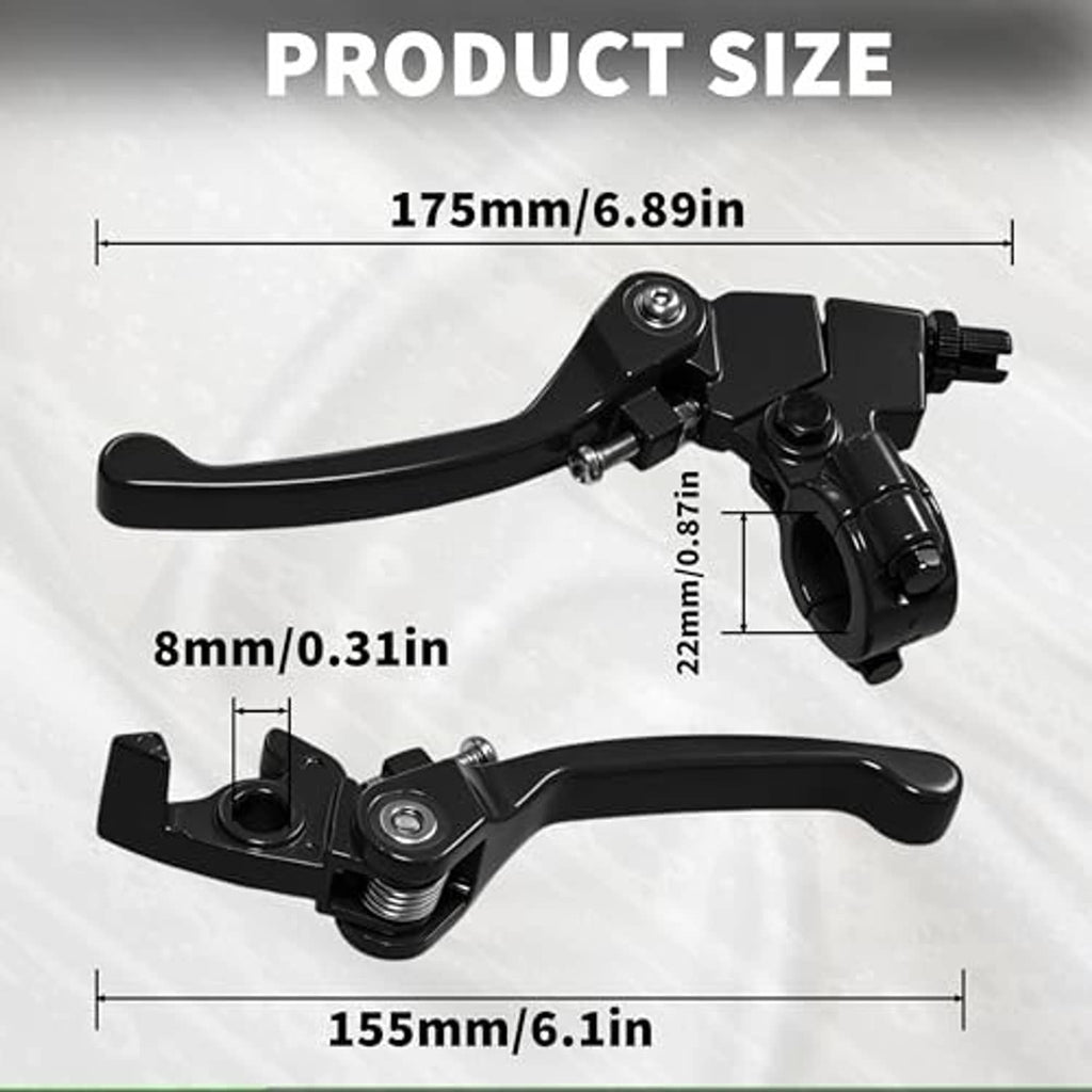 Black folding clutch and brake levers with 175 mm and 155 mm size dimensions.