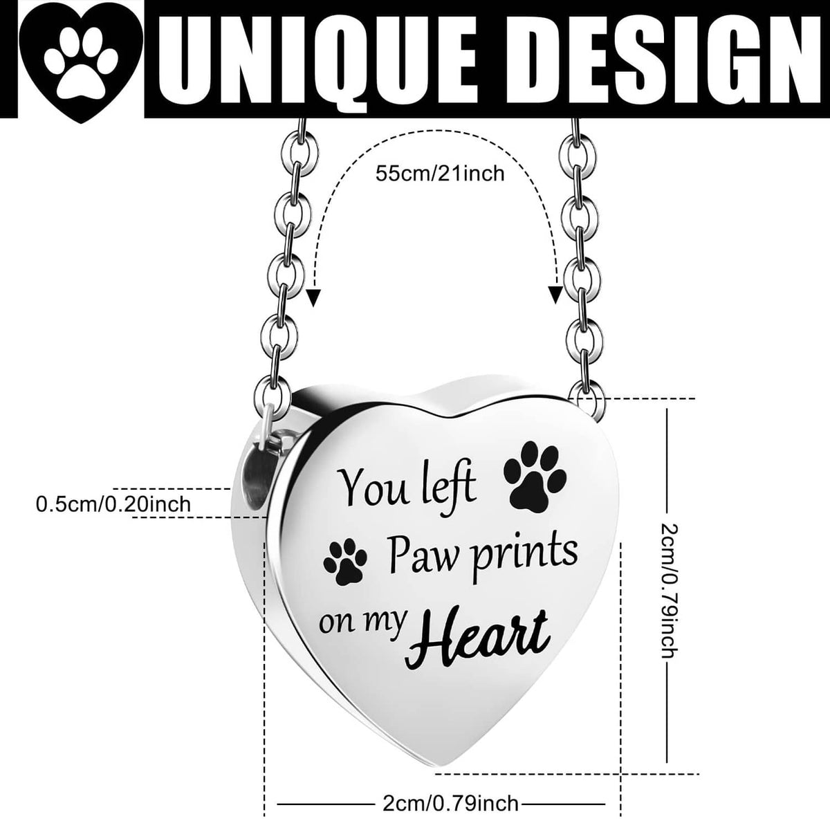 Heart-shaped urn locket necklace with paw-print engraving, silver tone chain