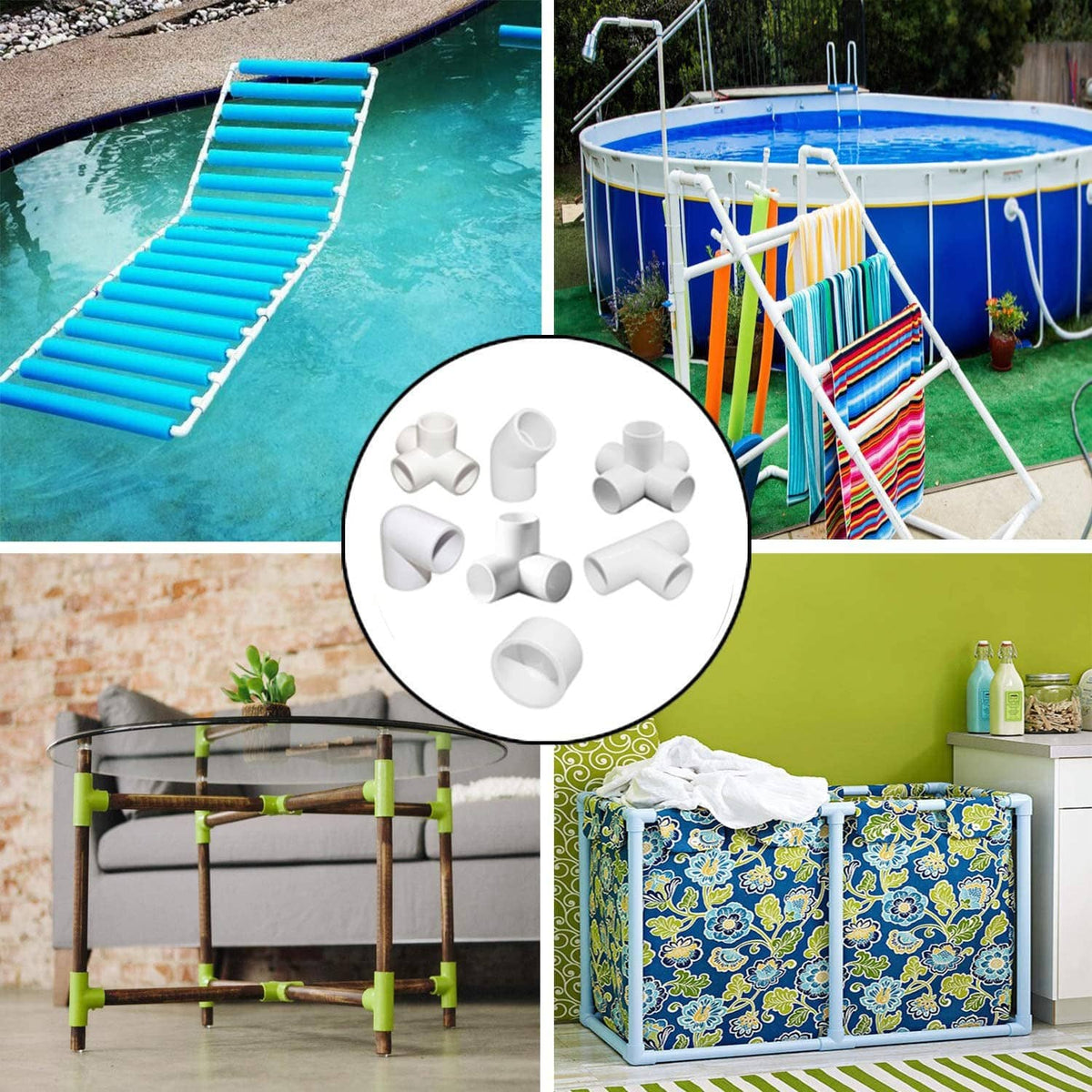 White PVC 4-way pipe fittings shown in pool ladder and garden chair setups