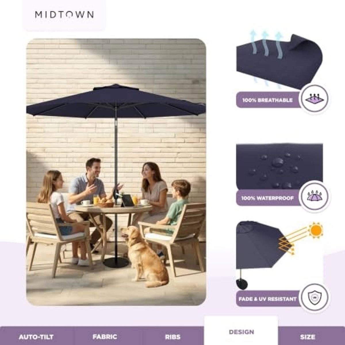 Navy patio umbrella open outdoors with breathable and waterproof fabric features