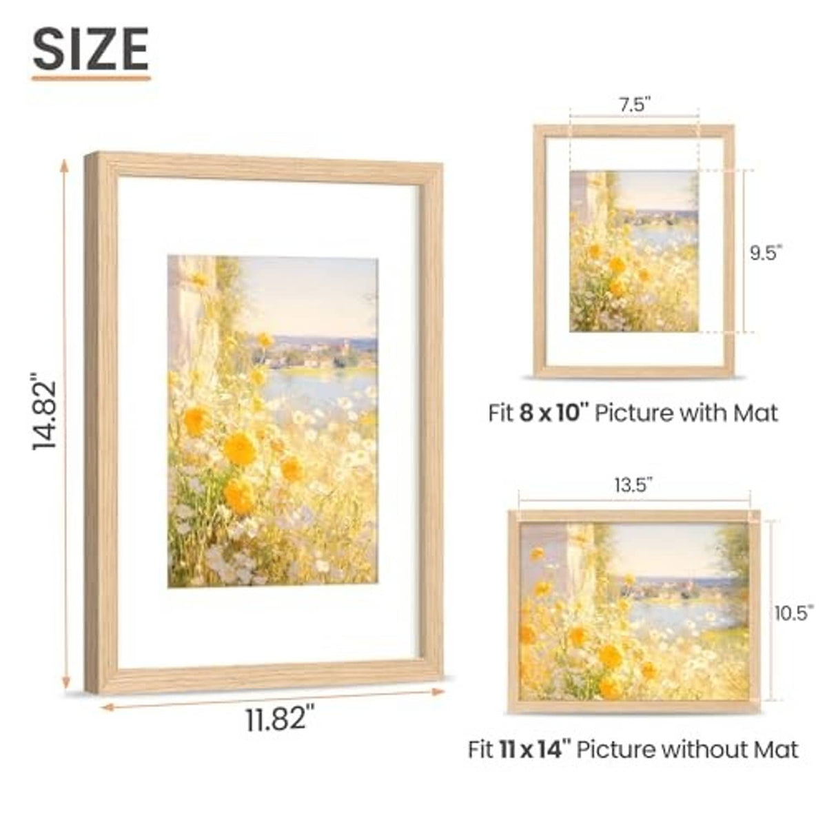 Natural wood picture frame with white mat, fits 8x10 with mat and 11x14 without