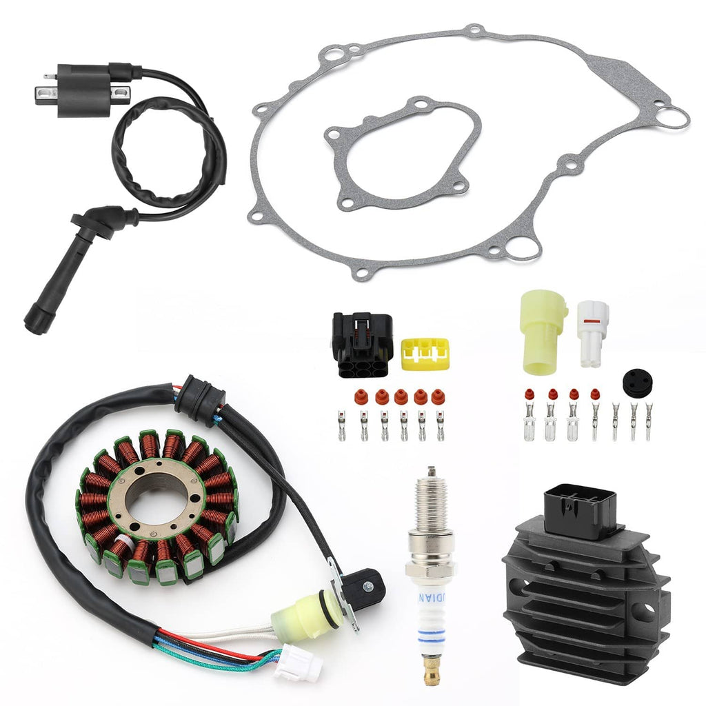 Charging and ignition kit with stator plate, wiring harness, rectifier, spark plug, and gaskets