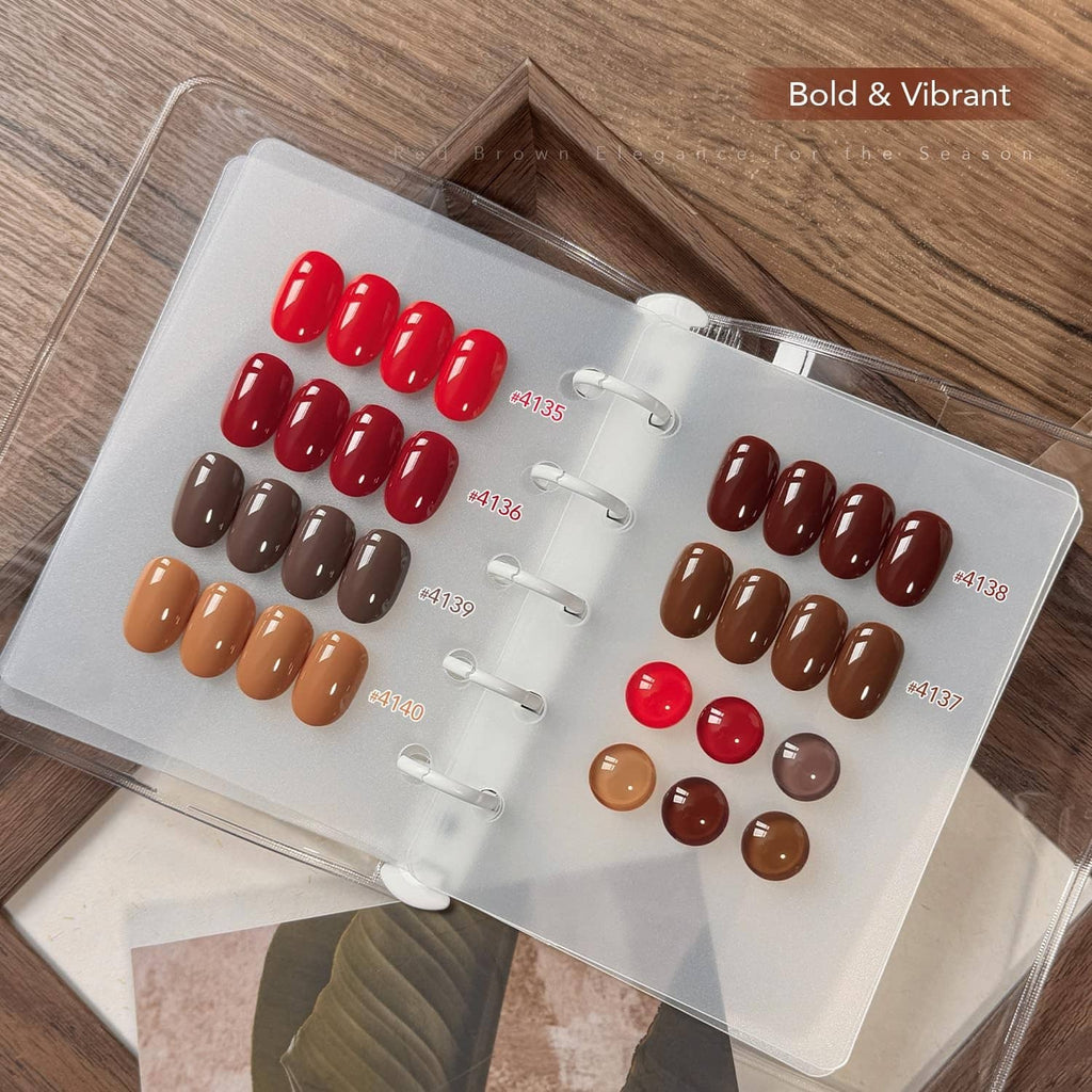 Clear case with red and brown gel nail polish swatches in numbered rows
