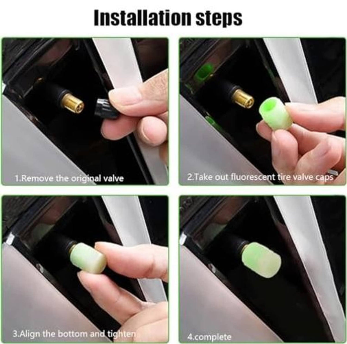 Hands installing fluorescent tire valve caps onto a tire valve stem