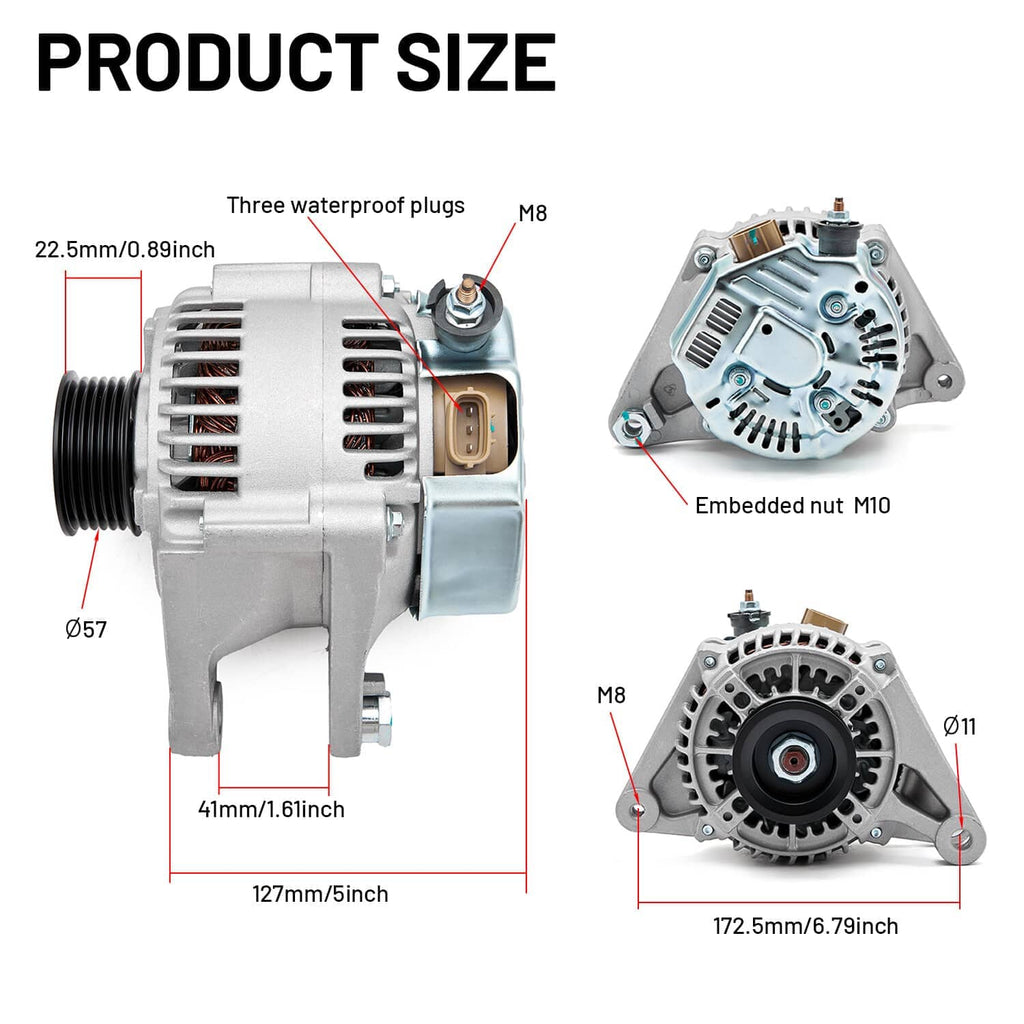 Alternator size diagram with dimensions and stud points on a technical image