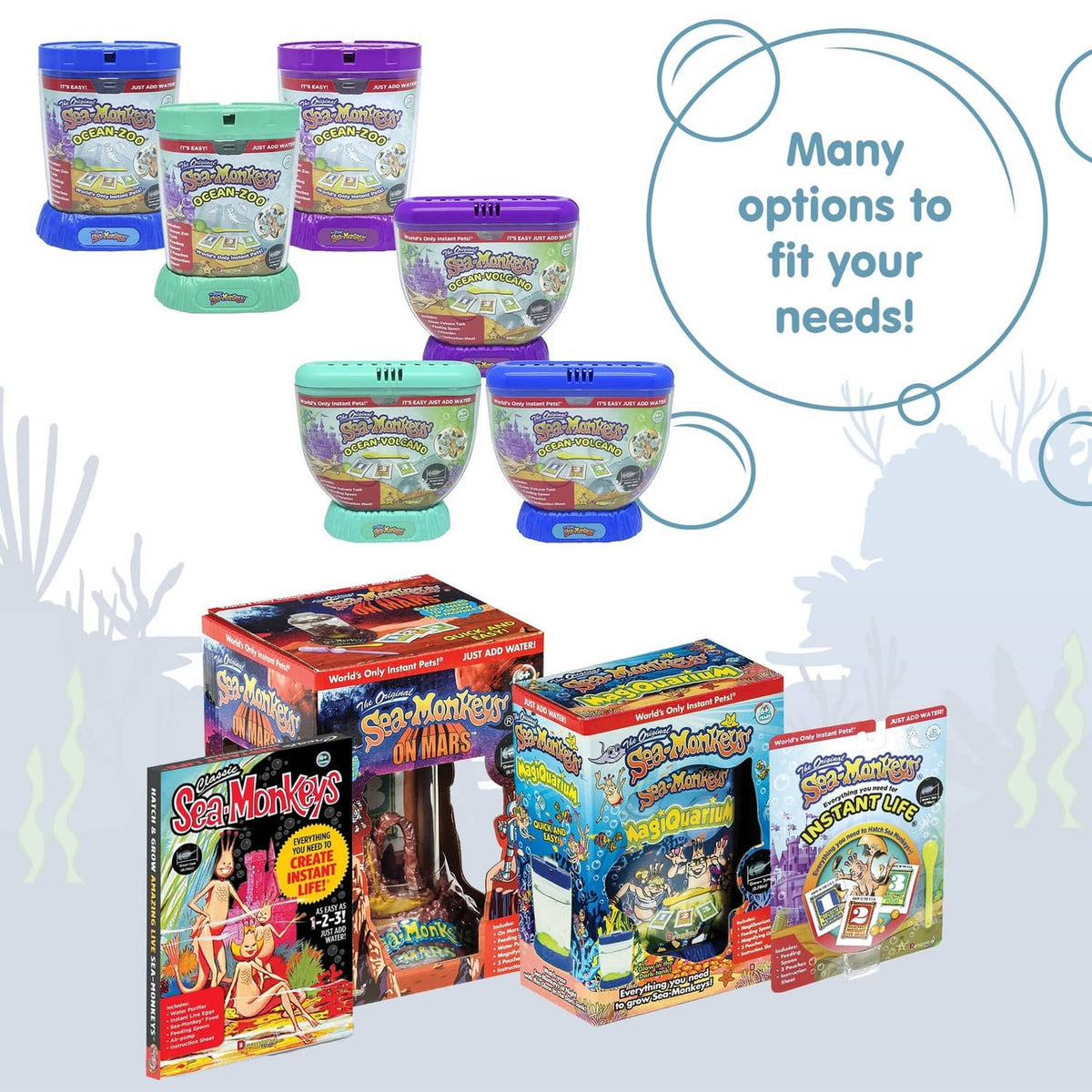 Sea-monkeys® Instant Life multi-pack with colorful cups, jars, and boxed sets