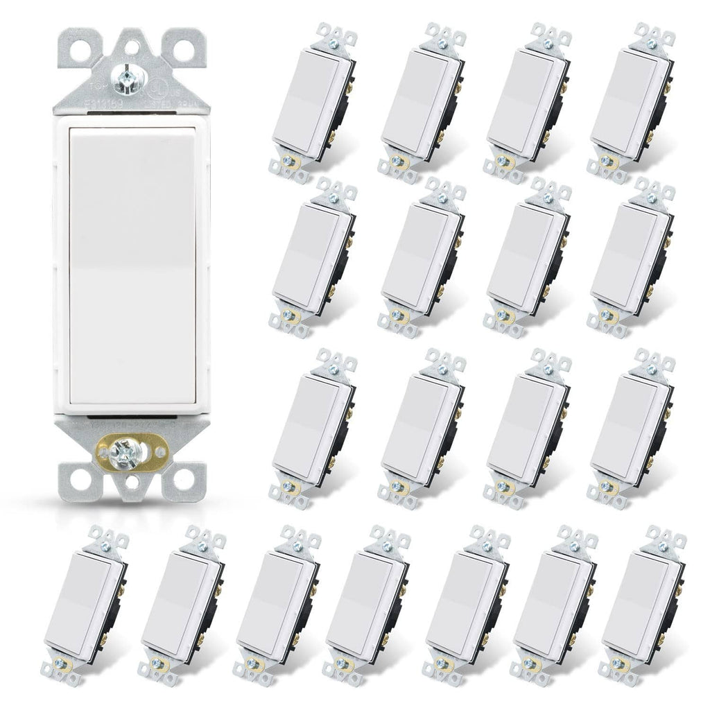 Glossy white single-pole light switch, front view, compact rectangular rocker