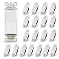 Glossy white single-pole light switch, front view, compact rectangular rocker