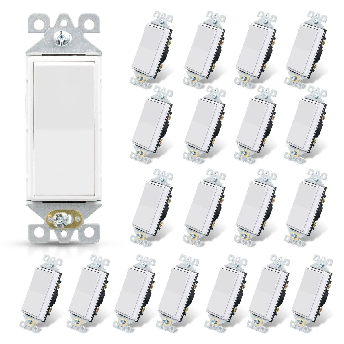 Glossy white single-pole light switch, front view, compact rectangular rocker